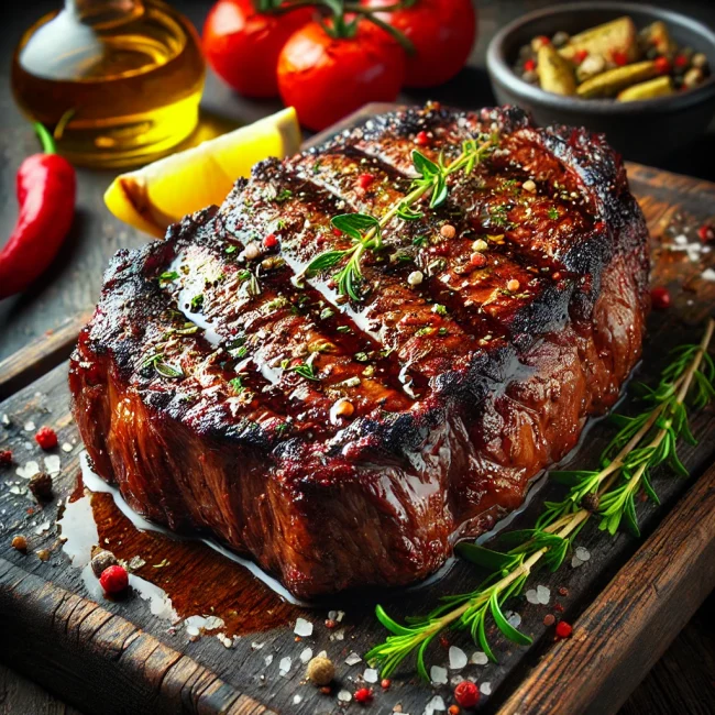 Grilled steak marinated in wine